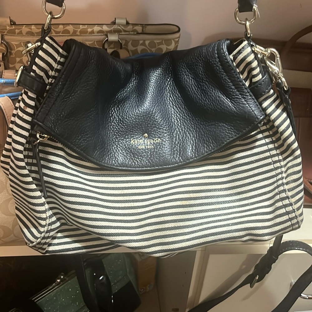 Vintage Kate Spade shoulder bag, navy pinstripe